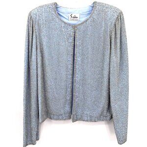 Vintage 100% Silk Beaded Jacket‎ Baby Blue Large